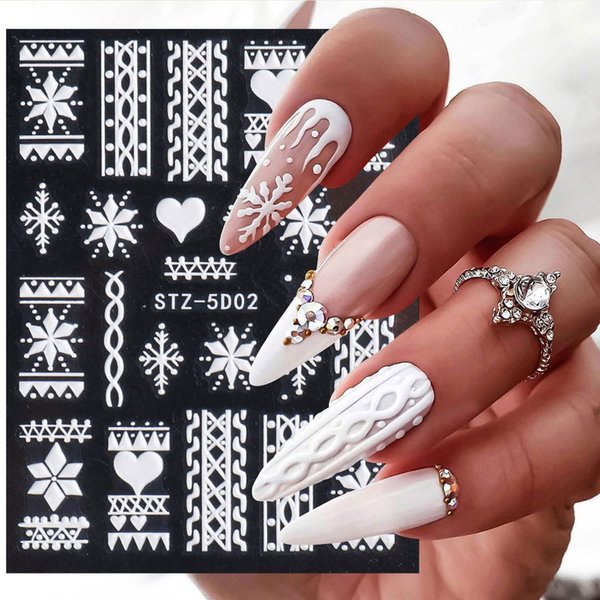 5D Embossed Snowflake Nail Art Stickers Christmas Nail Decal White Flower Lace Nail Decal Snowflake Leaf Nail Sticker Design Self-Adhesive Nail Decoration Supplies for Women DIY Christmas Manicure