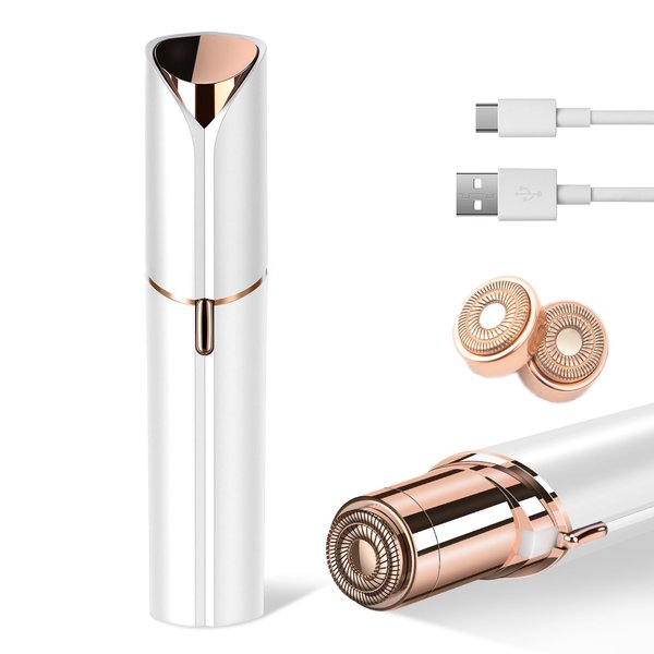 Facial Hair Removal for Women, Device, Remover Women Face, Finishing Touch Upper Lips, Chin & Cheeks, USB Rechargeable with LED LightIncluded Two Replacement Heads（White）