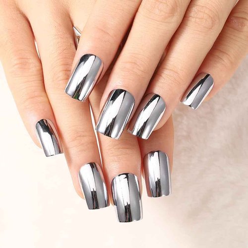 Outyua Mirror Fake Nails Square Silver Long Glossy Arylic Press on Nails Full Cover False Nail Art for Women and Girls 24pcs (Silver)