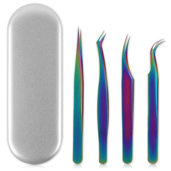 Eyelash Extensions Tweezers Set 4PCS Colorful Stainless Steel Tweezers for DIY Lash Extension and Removal Eyebrow Tweezers Nippers Eyelash Applicator Tool