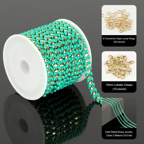 YOUBEIYEE 9.8 Feet Gold Plated Brass Chains Bulk Bluish Green Enamel Arrow Cable Jewelry Chain for Jewelry Making with Jump Rings and Lobster Clasps Jewelry Supplies