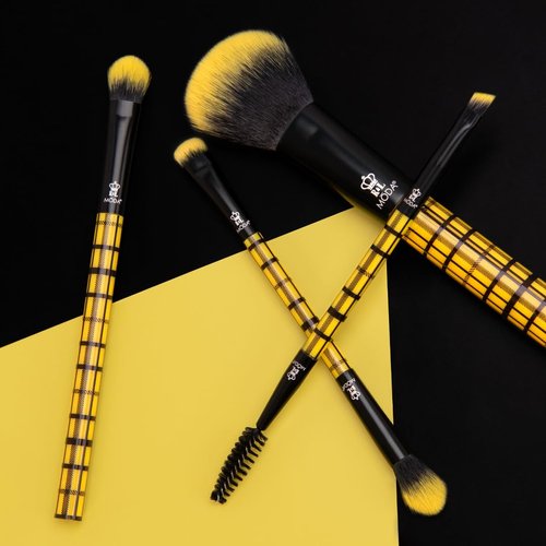 MODA Plaid Yellow Face Kit – 4pc Travel Size Makeup Brush Set with Stylish Plaid Handles – Vegan, Cruelty-Free