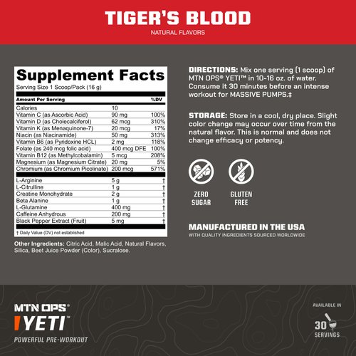 MTN OPS Yeti Pre-Workout Powder Energy Drink with Creatine, 200mg Caffeine & BCAAs with Beta Alanine, 30-Serving Tub, Tiger's Blood