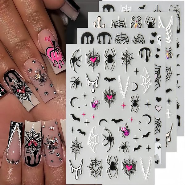 8 Sheet Halloween Nail Stickers Ghost Bat Spider Nail Decals 3D Self-Adhesive Spider Web Spooky Bat Spider Nail Art Stickers Design Gothic Nail Art Supplies for Holiday Acrylic DIY Nail Decoration