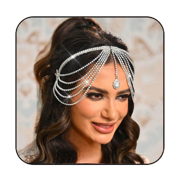 Sixexey Rhinestone Crystal Headband Sparkly Silver Hair Band Layered Tassel Wedding Party Hair Accessories for Women(Silver)