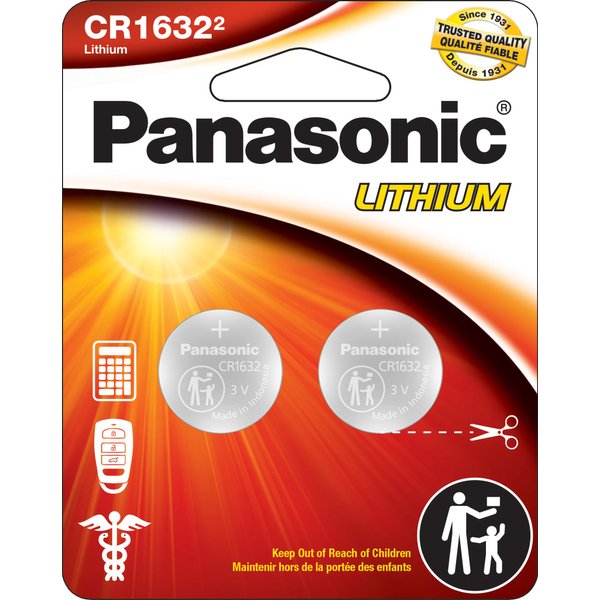 Panasonic CR1632 3.0 Volt Long Lasting Lithium Coin Cell Batteries in Child Resistant, Standards Based Packaging, 2-Battery Pack