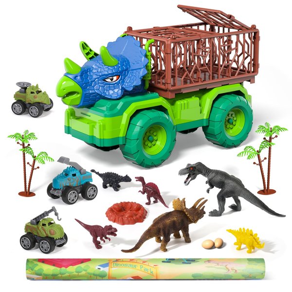 Bennol Toddler Boys Toys Gifts for 2 3 4 5 Years Old Boys, Dinosaur Trucks Toys for Kids 2-4 3-5 Years with 8 Dino Figures, 3 Pull Back Dinosaur Cars, Play Mat, Dinosaur Playset Gifts for Boys Girls