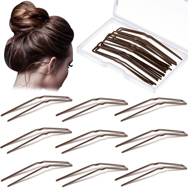 24 Pcs U Shaped Hair Pins Ballet Bobby Pins U Pin Hair Styling Pins Bobby Pins for Updo with Storage Box Metal U Bun Hair Forks for Women Girls Thick Thin Long Curly Hair(Brown, 2.5 Inch)