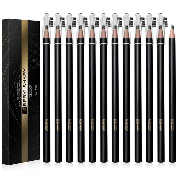 BERYLSHARY waterproof pull eyebrow pencil, 12 pieces, dark brown, light brown, black, sweat resistant, long-lasting and non discoloring, essential for beginners (12 PCS BLACK)