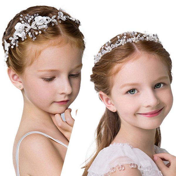 WILLBOND 2 Pieces Wedding Flower Crown Princess Wedding Headpiece Baptism Gift Communion Veil Crystal Tiara for Girls Wedding and Flower Girls