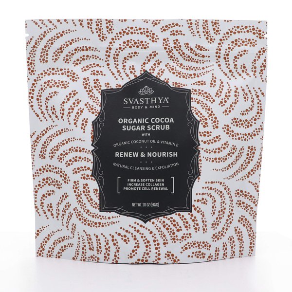SVASTHYA BODY & MIND Organic Cocoa Sugar Scrub - Renew, Exfoliate, Moisturize & Nourish Skin, Increases Collagen for Glowing Skin, Vitamin E, Almond Coconut Oil - VEGAN, Made In The USA, 20 oz