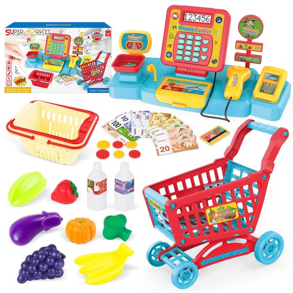 deAO Cash Register Toys for Kids Play Cash Register with Scanner Shopping Cart Real Calculator Toy Basket Kitchen Playset Play Food Play Store Learning Toys Gifts for Kids