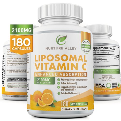 Nurture Alley Liposomal Vitamin C 2100mg- 180 Capsules High Absorption Ascorbic Acid - Supports Immune System and Collagen Booster - Powerful Antioxidant High Dose Fat Soluble Supplement