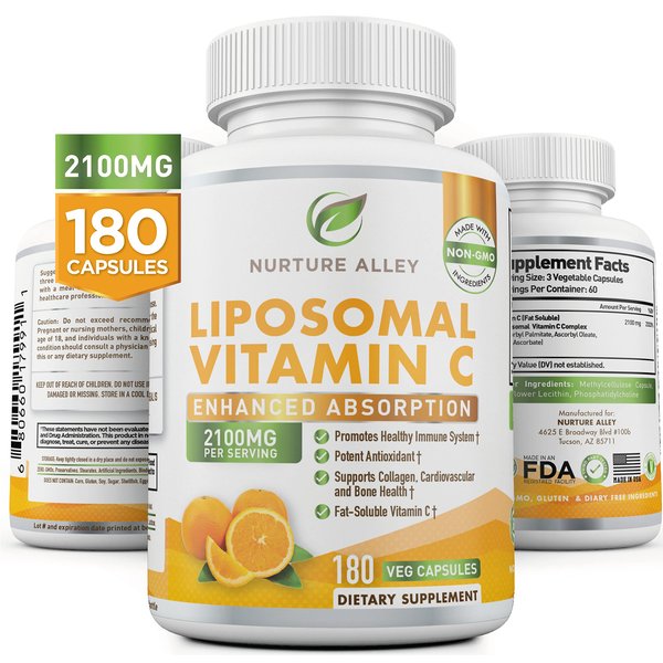 Nurture Alley Liposomal Vitamin C 2100mg- 180 Capsules High Absorption Ascorbic Acid - Supports Immune System and Collagen Booster - Powerful Antioxidant High Dose Fat Soluble Supplement