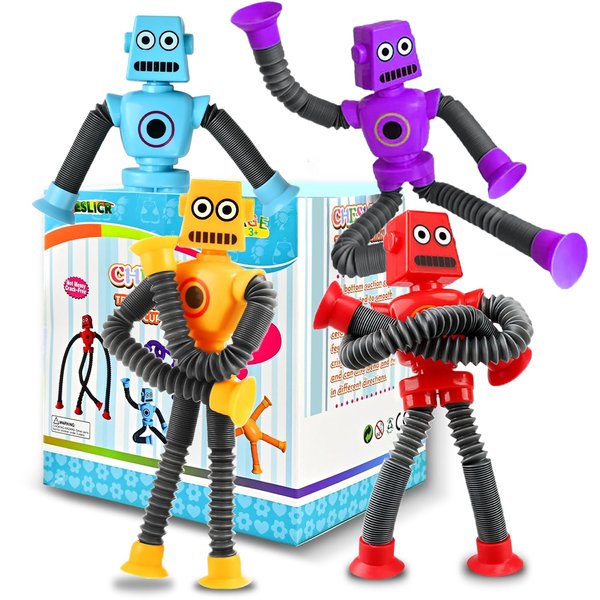 CHESLICR Autism Sensory Toys Easter Basket Stuffer Filled Gift for Kid Boys Year Old Ages 4 5 6 7 8 9 10(4PCS), Suction Cup Robot Toy Pop Tube Fidget Toys Autistic Airplane Travel Toys Valentine's Day