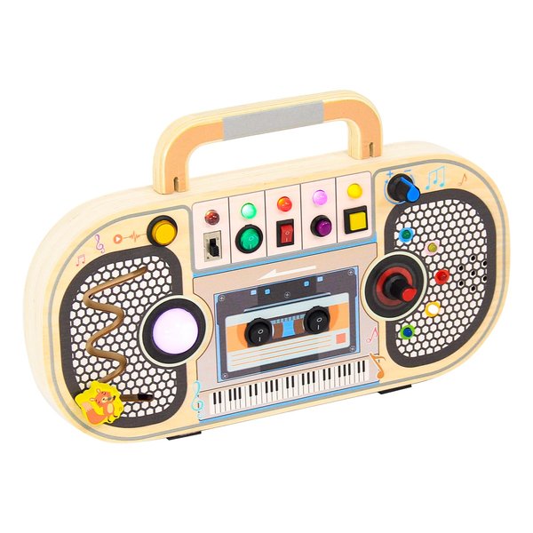 BOLICOCT Montessori Wooden Busy Board LED Voice Recorder, Sensory Toys Light Switch, 5 Music Toggle switches Toy, Ideal Toddler Busy Board with 7 LED Light Montessori Toys for 1 2 3year Old