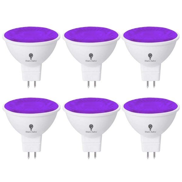 6 Pack BlueX LED MR16 Purple Light Bulb - 6W (50Watt Equivalent) - GU5.3 Bi-Pin Base 12V Purple LED Purple Bulb, Party Decoration, Porch, Home, Holiday Lighting, Decorative Illumination MR16 LED Bulb