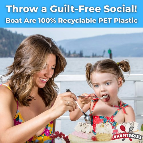 Avant Grub Super Fun, Recyclable 8oz Plastic Banana Split Boats 50 Pack. Durable, Disposable Ice Cream Sundae Dishware Bowl. Perfect Plastic Cups for Social Event or Kids Birthday Party.