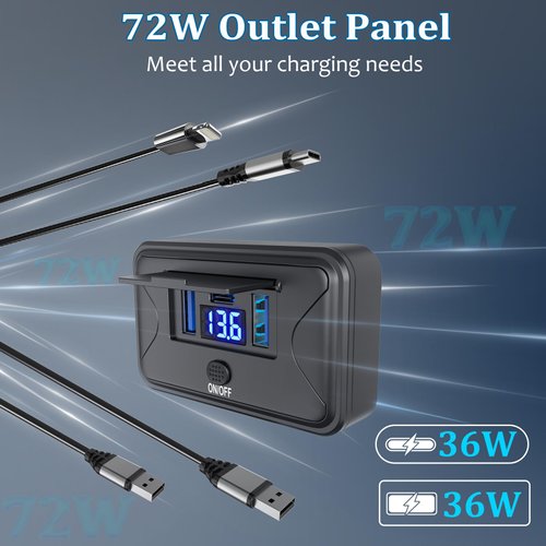 72W 12V USB Outlet Panel Wall Mount Qidoe Dual Quick Charger & 36W PD Surface Mount Car USB Port With Voltmeter Button Switch for Car Bus RV Truck