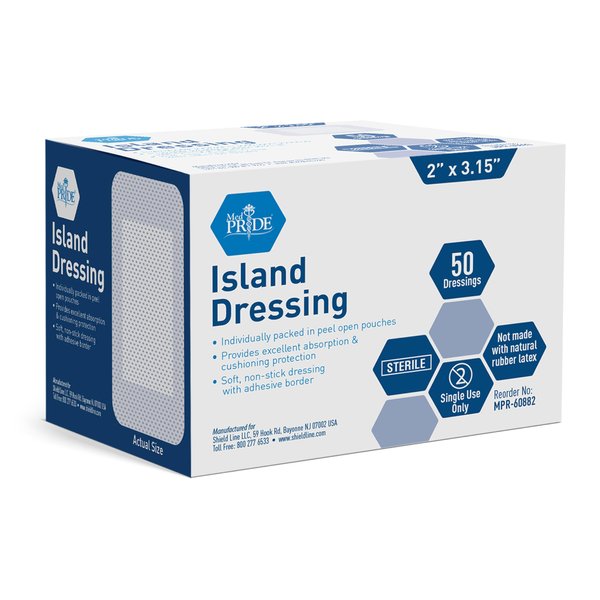 MED PRIDE Bordered Gauze-Island Dressing 2'' x 3.15''| 50 Individually Packed Pouches, Wound Dressing with Adhesive, Breathable Borders, Sterile & Highly Absorbent, Latex & Rubber-Free