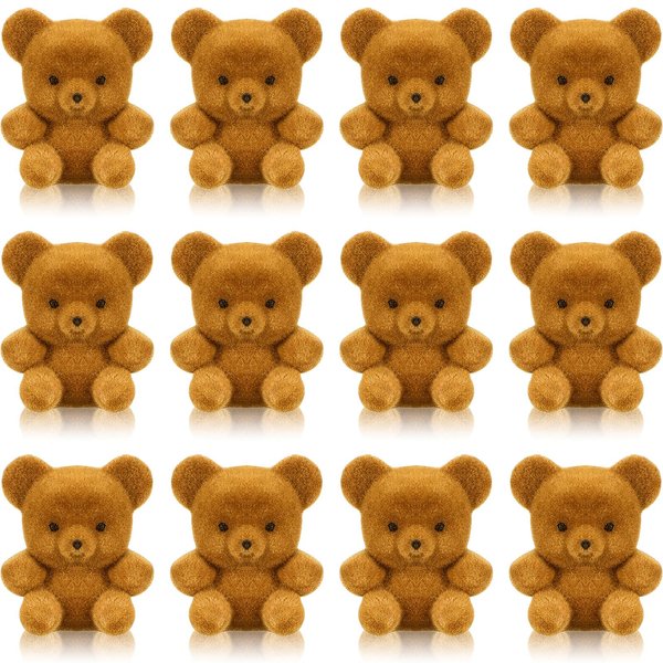 Hungdao 12pcs Valentine's Day Miniature Flocked Plush Mini Bear Stuffed Bear Decorations for Birthday Cake Wedding Decor Party Favor Supplies Bag Charm DIY Accessory 1 Inch(Light Brown)