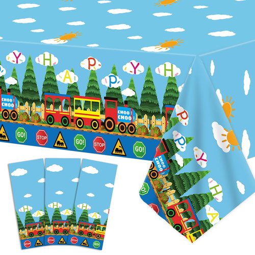 gisgfim 3 Pieces Train Tablecloths Plastic Train Birthday Party Supplies Train Party Decorations Disposable Table Cover for Boy Birthday Baby Shower