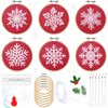 6 Sets Winter Embroidery Kit for Beginners Snowflakes Christmas Cross DIY Needlepoint Kit with Patterns, Instructions, Embroidery Hoops, Threads, Needles, Needle Threader, Ropes, Ribbon (Red)