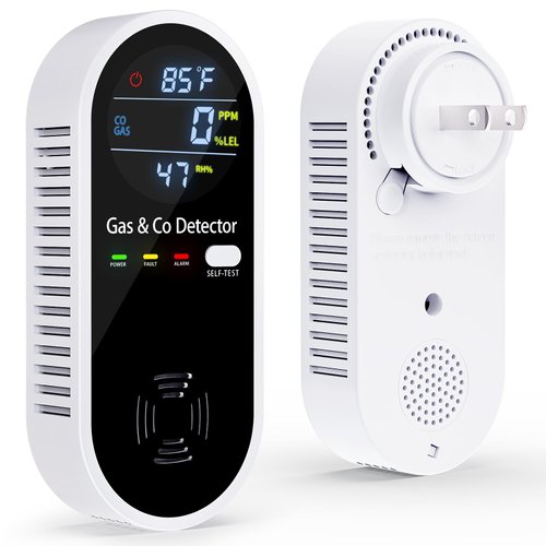 Gas & Carbon Monoxide Detectors Plug in, 4-in-1 Portable Natural Gas Leak & Carbon Monoxide Detector with Temperature & Humidity Display, Compact CO Monitor Alarm for Home, RV, Hotel & Travel Use