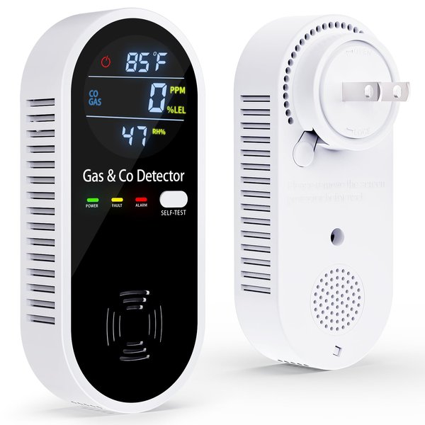 Gas & Carbon Monoxide Detectors Plug in, 4-in-1 Portable Natural Gas Leak & Carbon Monoxide Detector with Temperature & Humidity Display, Compact CO Monitor Alarm for Home, RV, Hotel & Travel Use