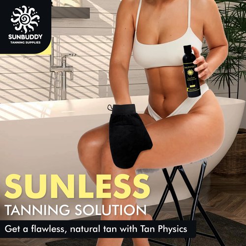Tan Physics Self Tanner & Sunbuddy Deluxe Bundle (6pcs)–Face & Body Tanner Mitts, Exfoliation Glove, Application Mitt, Storage Bag & 8oz True Color Sunless Tanning Lotion-self tanning mitt applicator