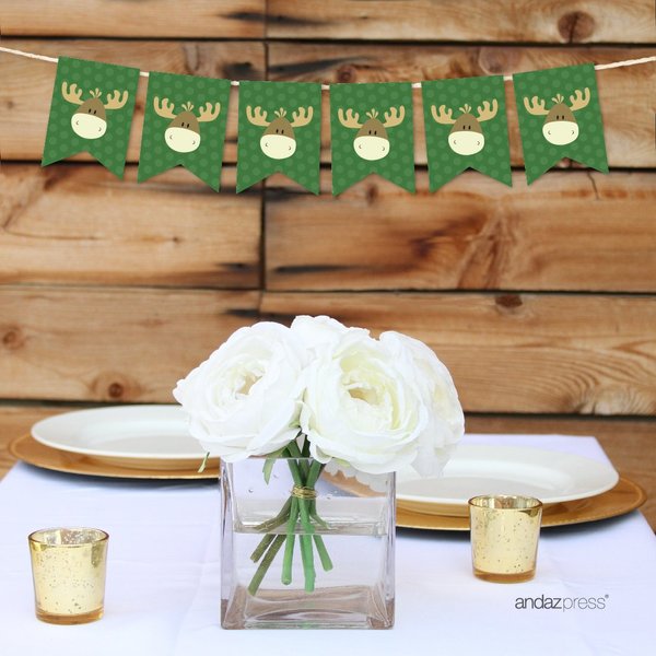 Andaz Press Hanging Pennant Party Banner with String, Rustic Woodland Forest Moose, 9-Feet, 1-Set, Decor Paper Decorations, Includes String