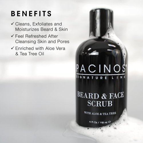 Pacinos Beard and Face Scrub Shave System - Natural Shampoo with Aloe Vera and Tea Tree Extract, Removes Impurities, Organic, 4 fl. oz.