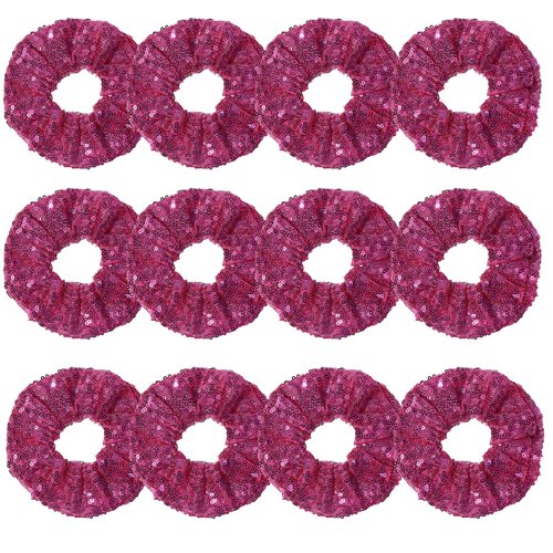 12 Pcs Bling Mermaid Sequins Dance Scrunchies Cheer Scales Hair Scrunchies For Thick Hair School Performance Scrunchy Sports Ponytail Holder Wrist for Girls Cosplay Show (Pink)
