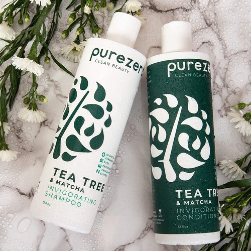 Purezero Tea Tree & Matcha Shampoo and Conditioner Set - Nourishing & Invigorating Scalp Treatment - Zero Sulfates/Parabens/Dyes -100% Vegan & Cruelty Free - Great For Color Treated Hair