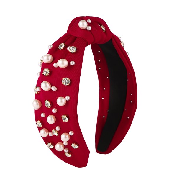 SZJULR Crystal Knotted Women Headband Pearl Luxury Red Hairband Wide Rhinestone Crystal Beaded Fashion Top Knot Headbands Ladies Hair Accessories for Girls …