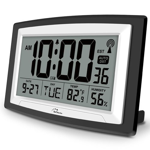 WallarGe Atomic Clock with Indoor Temperature and Humidity, 12.5 Inch Self-Setting Digital Wall Clock or Desk Clock, Battery Operated Digital Clock Large Display for Seniors, Auto DST