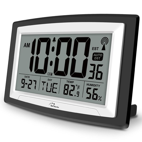 WallarGe Atomic Clock with Indoor Temperature and Humidity, 12.5 Inch Self-Setting Digital Wall Clock or Desk Clock, Battery Operated Digital Clock Large Display for Seniors, Auto DST