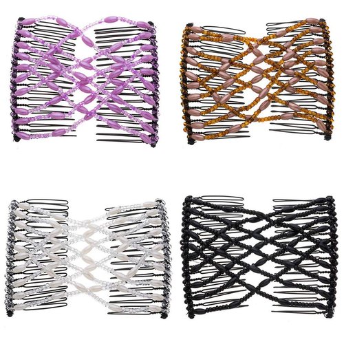 LOVEF Women Magic Hair Comb Bead Stretchy Hair Combs Double Slide Metal multifunctional Comb Clip Hairpins For women-4pcs