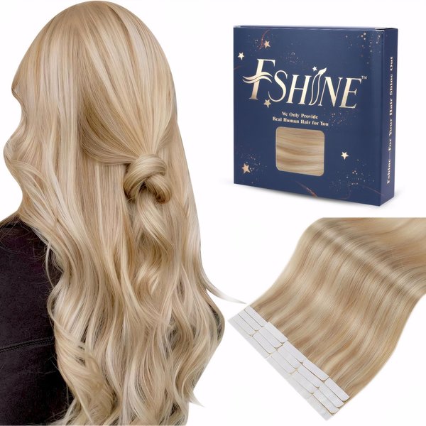 Fshine Blonde Tape in Human Hair Extensions Dark Ash Blonde Mixed with Golden Blonde Highlighted Remy Hair Extensions Tape in 16 Inch Straight Human Hair Tape in Hair Extensions for Women 50g 20pcs