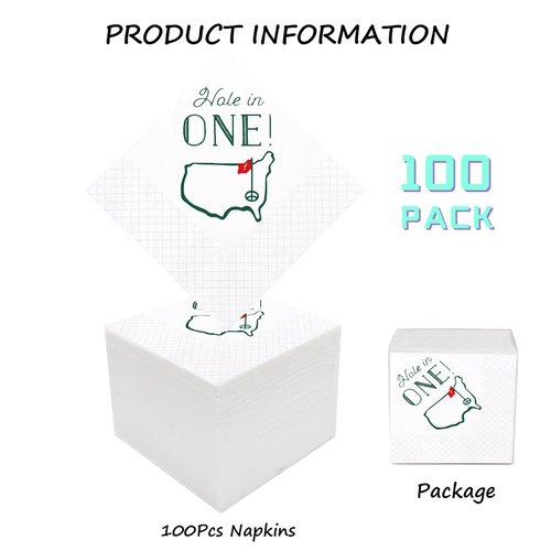 Geloar Golf Cocktail Napkins, 100 Pack Hole in One First Birthday Golf Themed Paper Disposable Cocktail Beverage Napkins for Baby 1st Hole In One Birthday Decorations 2-Ply, 5x5 Inches (Hole in One)