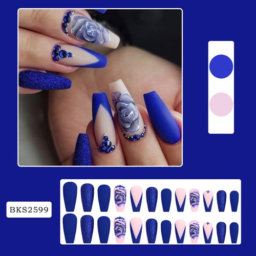 Rilafuvu Medium Press on Nails French Tip Fake Nails with Flower Designs Acrylic Nails Coffin Blue Glue on Nails Rhinestones Stick on Nails Glitter Press on Nail for Women and Girls 24Pcs