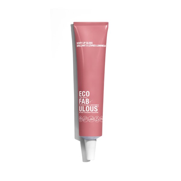 ECOFABULOUS Dewy Lip Gloss - Enriched with Squalane and Jojoba Esters, Nourishes and Conditions Lips, Clean + Recyclable + Vegan, 15 mL/ 0.5 Fl Oz - Rain It In (Neautral Pink)