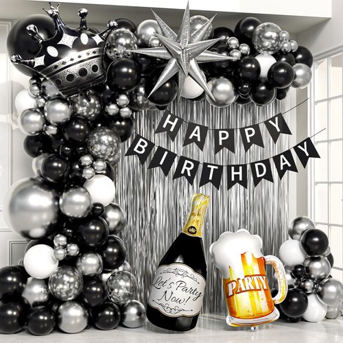 Black and Silver Birthday Party Decorations, Black Silver White Foil Balloons Happy Birthday Banner Fringe Curtains for 16th 18th 21st 24th 32th 40th 50th 60th Birthday Decorations for Men