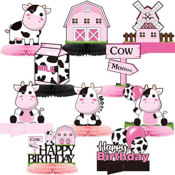 10 Pcs Cow Birthday Party Supplies Includes Cow Print Honeycomb Centerpieces and Cow Standing Cutouts Pink Farm Animal Party Decoration Cow Theme Party Honeycomb Table Topper for Zoo Theme Party Favor