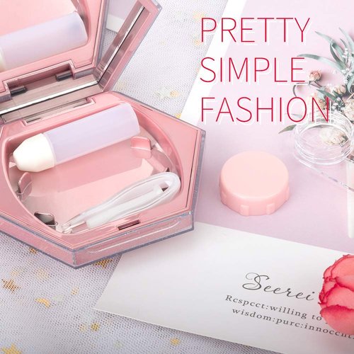 ofone Contact Lens Case, Hexagon Sparkles Contact Lenses Cases with Mirror Remover Tool Tweezers Solution Bottle Portable Contacts Storage Container for Women (Pink)