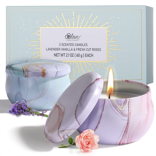 2-Pack Soy Candles Gift Set - Lavender, Vanilla, Rose Scents in Portable Tin Jars - For Home, Travel, Spa