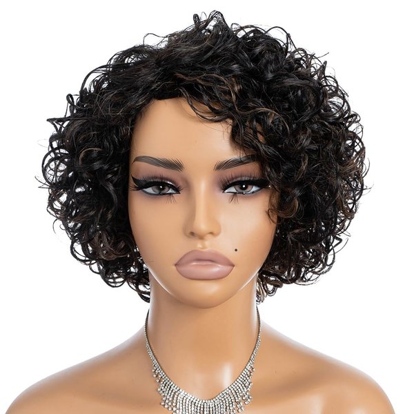 Rebecca Fashion Short Curly Wigs for Black Women Human Hair Side Part Wigs with Bangs Highlight Brown Black Mix Light Brown Color, Shea, F1B/30