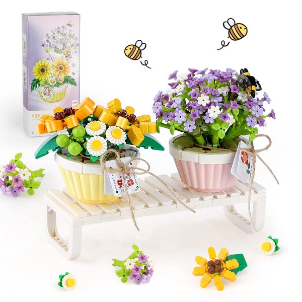 Mini Bricks Flower Mini Sunflower Bonsai Tree Building Block Set 2PCS Botanical Collection Construction Building Toy, Creative Gift for Her Girls Women Adults 6+（Not Compatible with Set ）