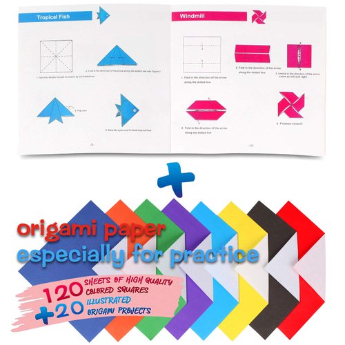 Yibeishu Origami Kit for Kids, 120 Sheets Origami Paper with Instructions Book, 6x6 Inch Square Easy Single Sided Color Folding Paper Set for Beginners Adults Kids Activity Birthday Christmas Gift