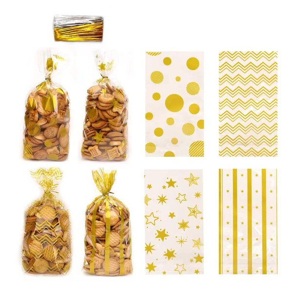 Obluchye Reusable Gold Plastic Rectangular Candy Bags With Twist Ties, 100PCS, 5.9 x 9.8 inches, Perfect For Holidays, Cooking, Snacks, Gifts